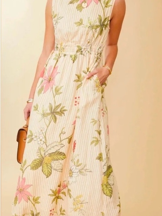 Spartina 449 Dresses & Skirts - Spartina 449 Cream Floral Midi Dress with Pink & Green Print
